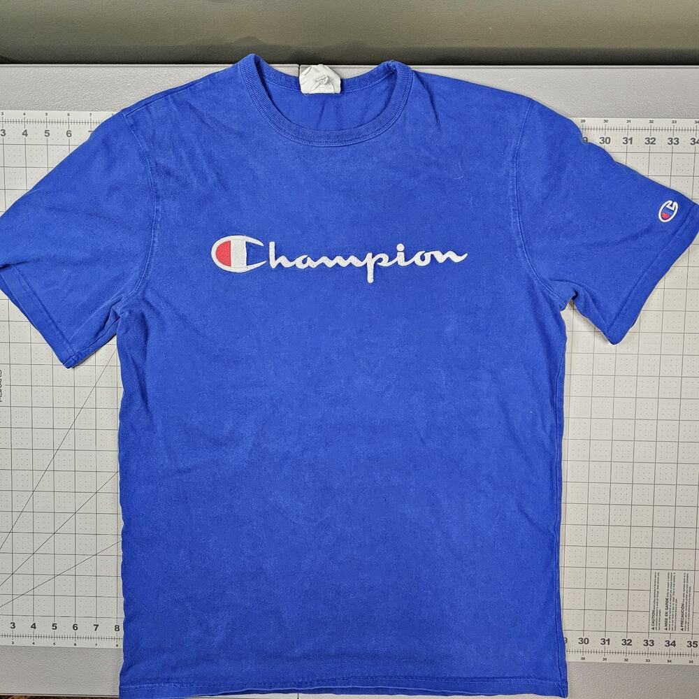 Vintage Champion Tshirt Mens Large Embroidered Y2K Streetwear Blue Logo Spellout